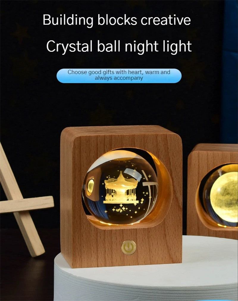 Beech Crystal Ball Night Light 3D Laser Engraving Elk Jellyfish LED Nightlights USB Dimmable Lamp For Bedroom Decoration Gifts Home Decor