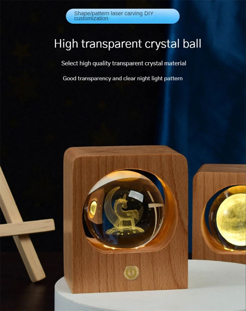 Beech Crystal Ball Night Light 3D Laser Engraving Elk Jellyfish LED Nightlights USB Dimmable Lamp For Bedroom Decoration Gifts Home Decor