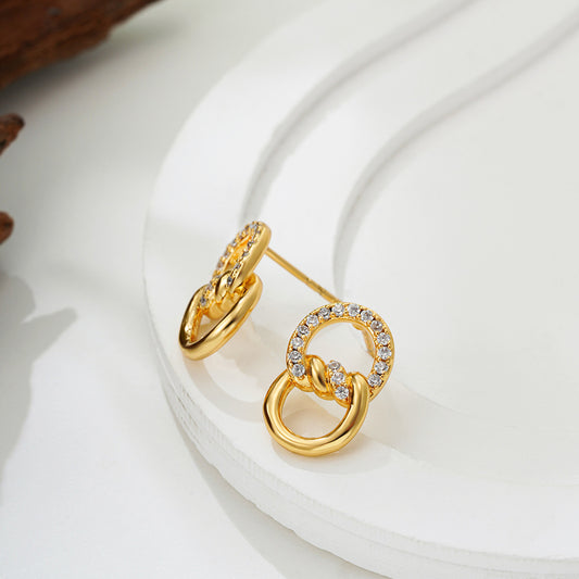 18K Gold Double D Ring Micro Inlaid Zircon Bends And Hitches Stud Earrings